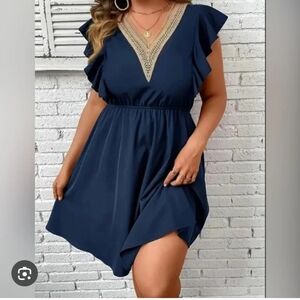 BloomChic Navy Embroidered V Neck Dress with Elastic Waist Cinch